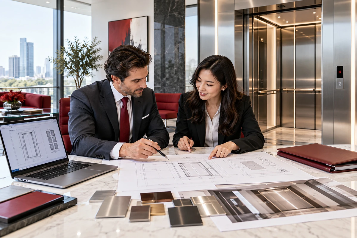 Professionals reviewing elevator drawings and finish samples