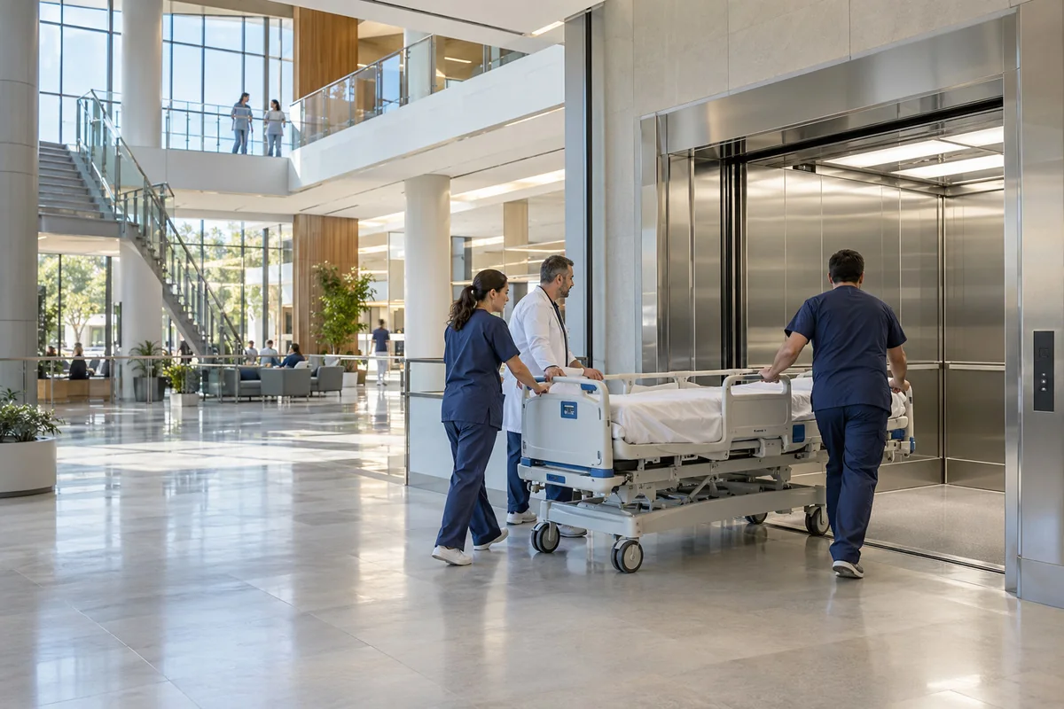 Concept illustration of a hospital bed being moved towards a large lift