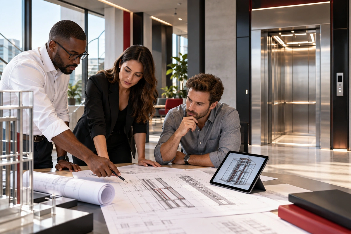 Project planning concept visual showing engineers reviewing elevator plans